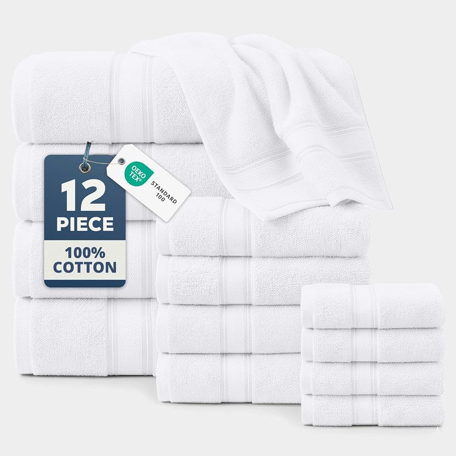 Bath Towel Set, 12-Piece, Mercerized Zero-Twist Cotton