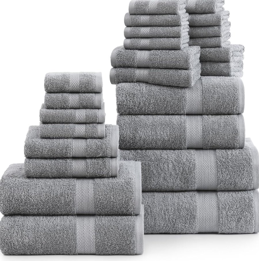 Bath Towel Set, 24-Piece, Ring-Spun Cotton, Space Grey