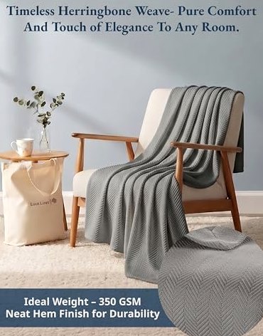 Queen Cotton Blanket, Herringbone Weave, 90