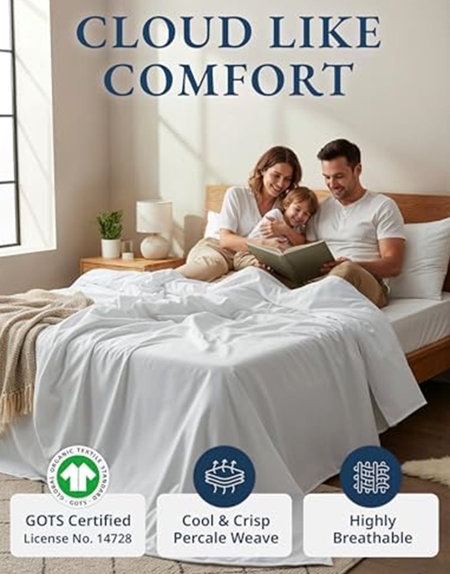 Queen Organic Cotton Percale Sheet Set, 4-Piece, Cooling White — photo 3 of 6