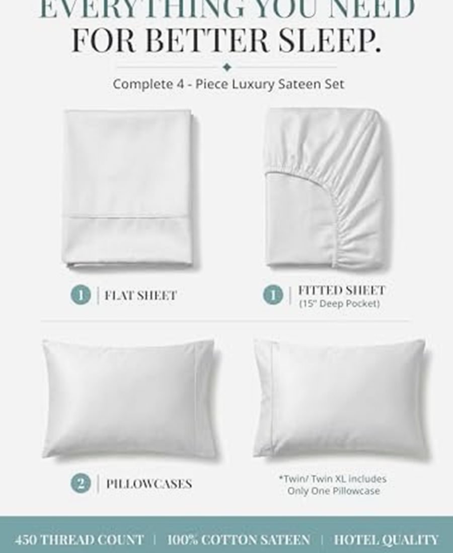 Queen 450-Thread-Count Sateen Sheet Set, Long-Staple Cotton, White — photo 4 of 6